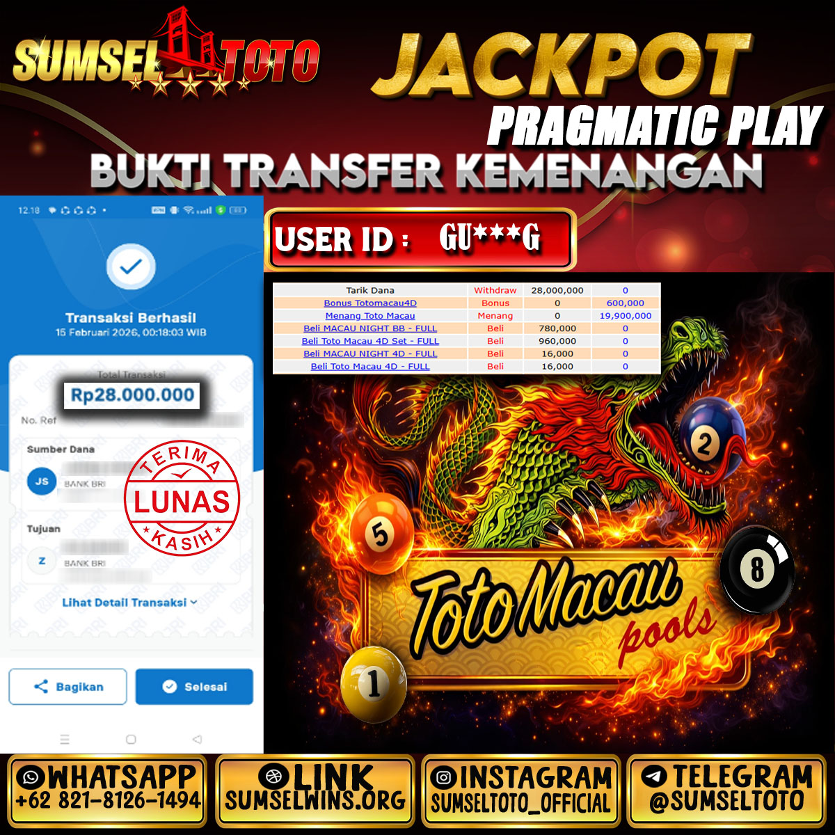 SUMSELTOTO JACKPOT TOCO MACAU Rp.28,000,000.,- LUNAS